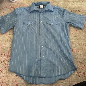 Wrangler Vintage Men's Blue Striped Short Sleeve Pearl Snap Size 15 1/2